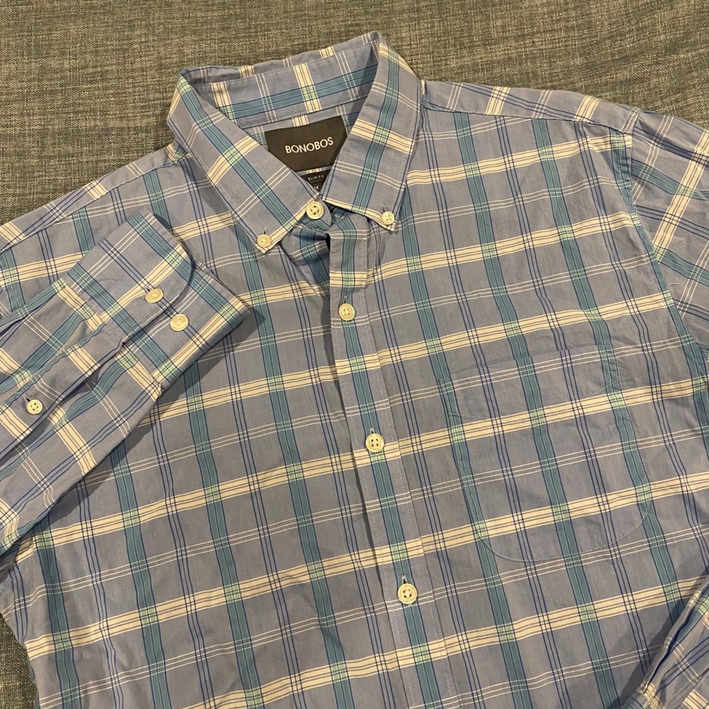 Bonobos Mens Blue White Plaid Button Down Shirt Long Sleeve Cotton Large Slim